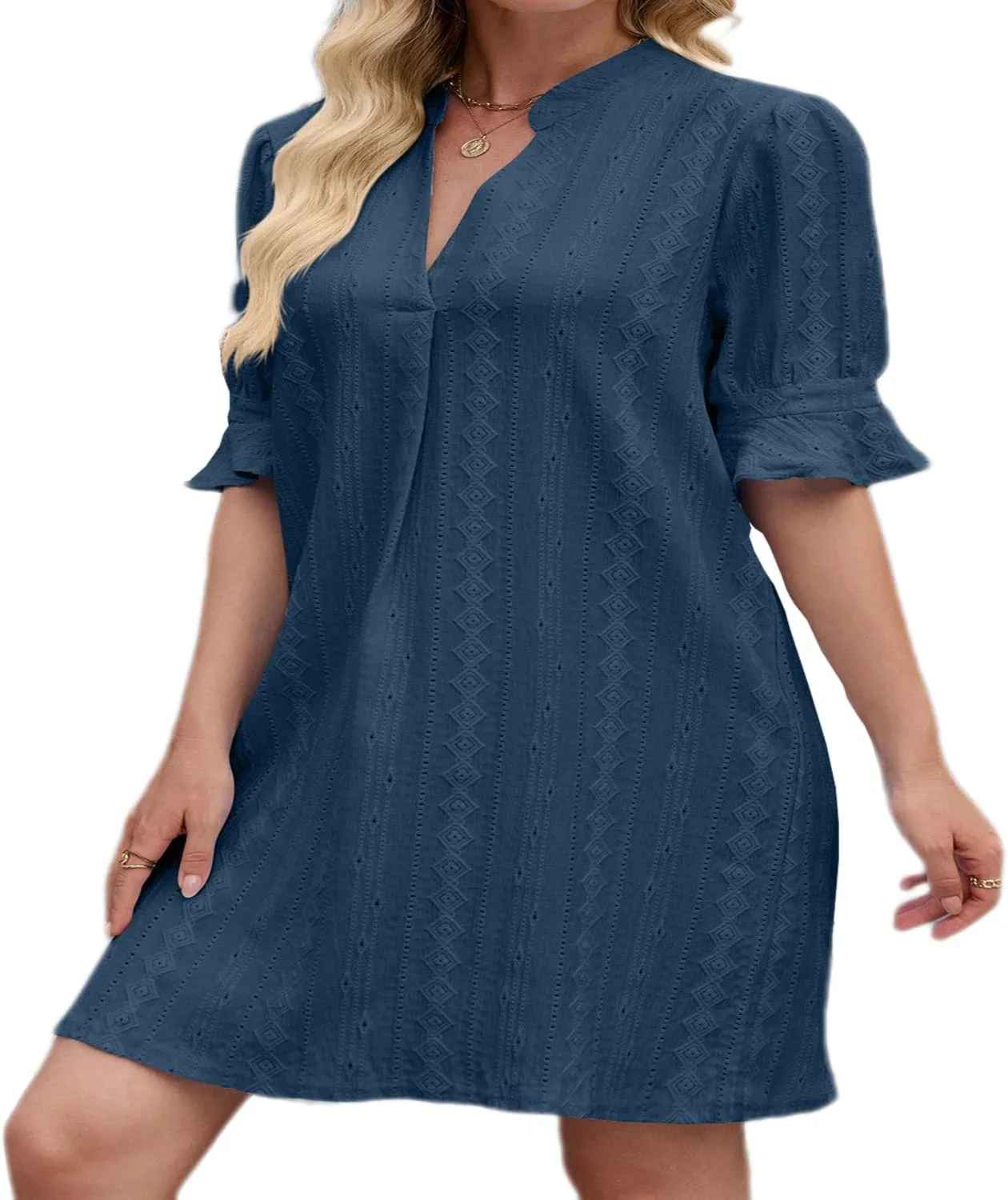 Short Women's Half Sleeve V Neck Embroidered Solid Color Casual Summer Dresses-Chic, Comfortable