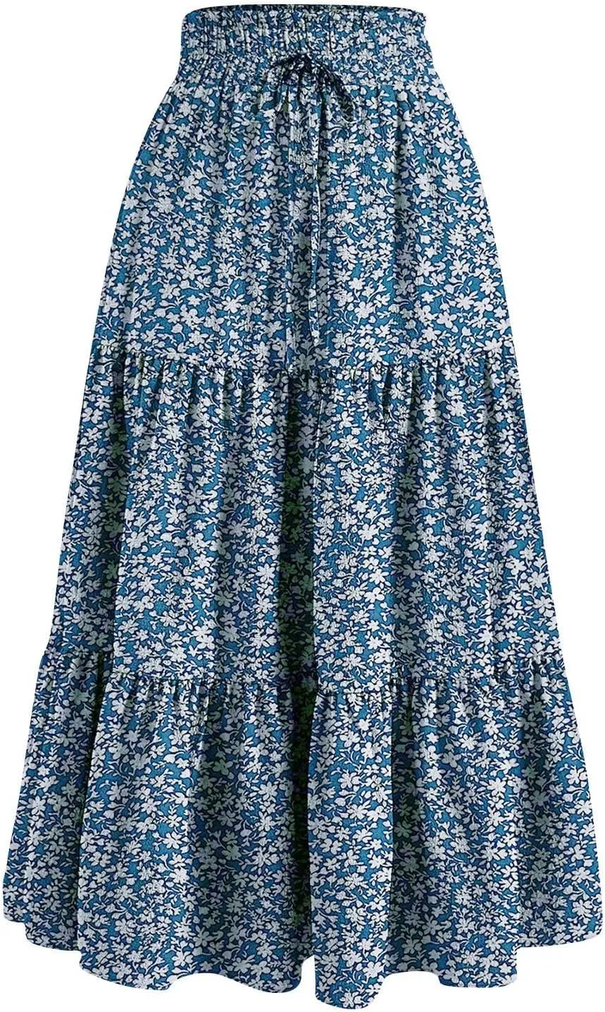 Skirts for Women Midi Length Floral Tiered Skirt Drawstring Summer Flowy Flowy Vacation A Line Skirt with Pockets