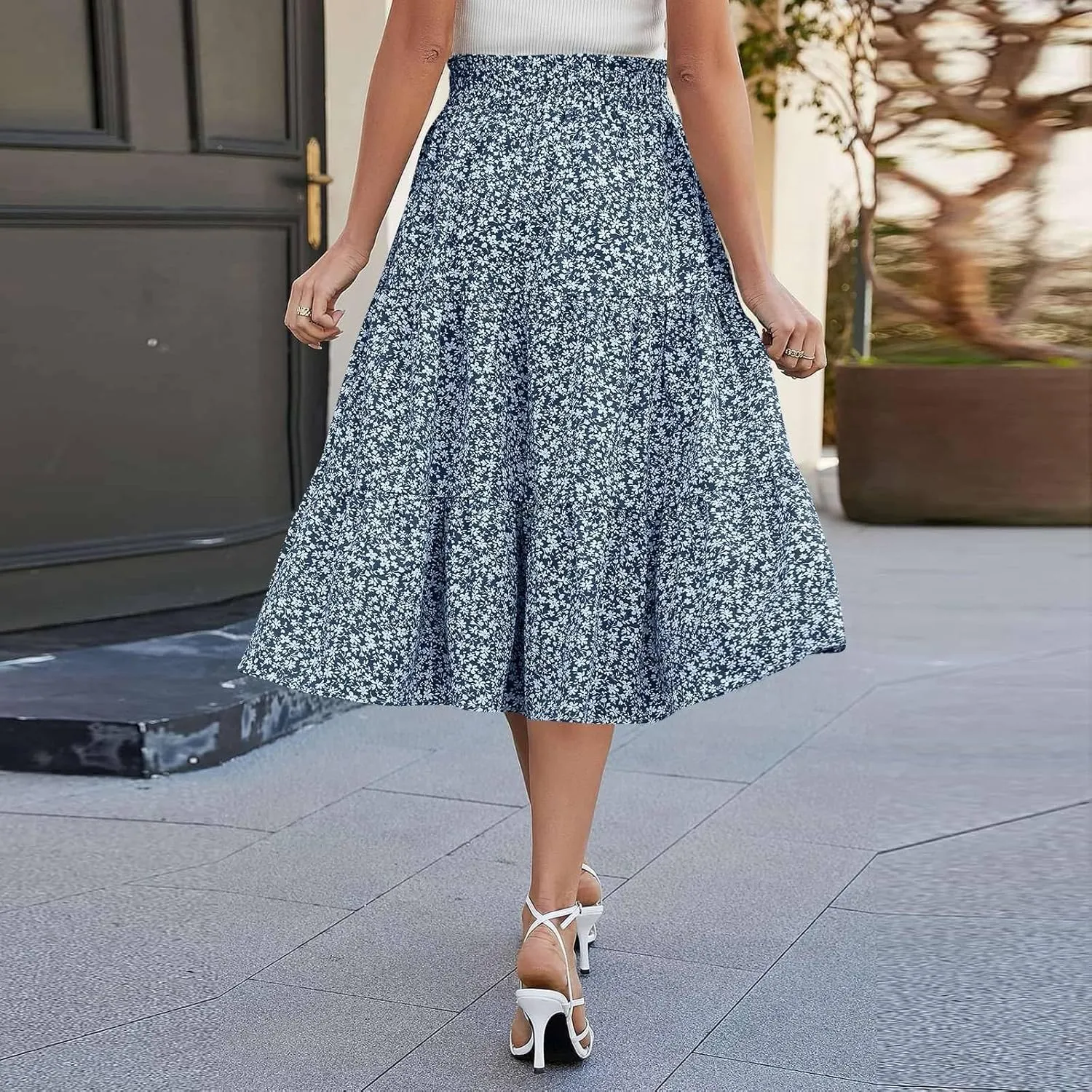Skirts for Women Midi Length Floral Tiered Skirt Drawstring Summer Flowy Flowy Vacation A Line Skirt with Pockets