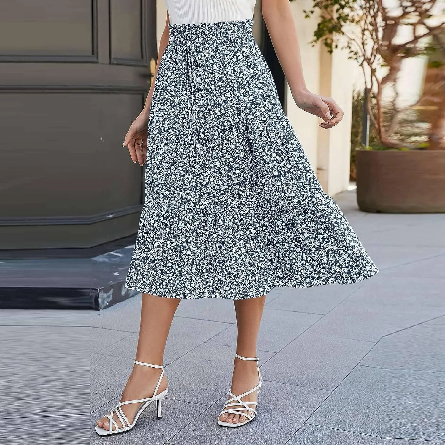 Skirts for Women Midi Length Floral Tiered Skirt Drawstring Summer Flowy Flowy Vacation A Line Skirt with Pockets