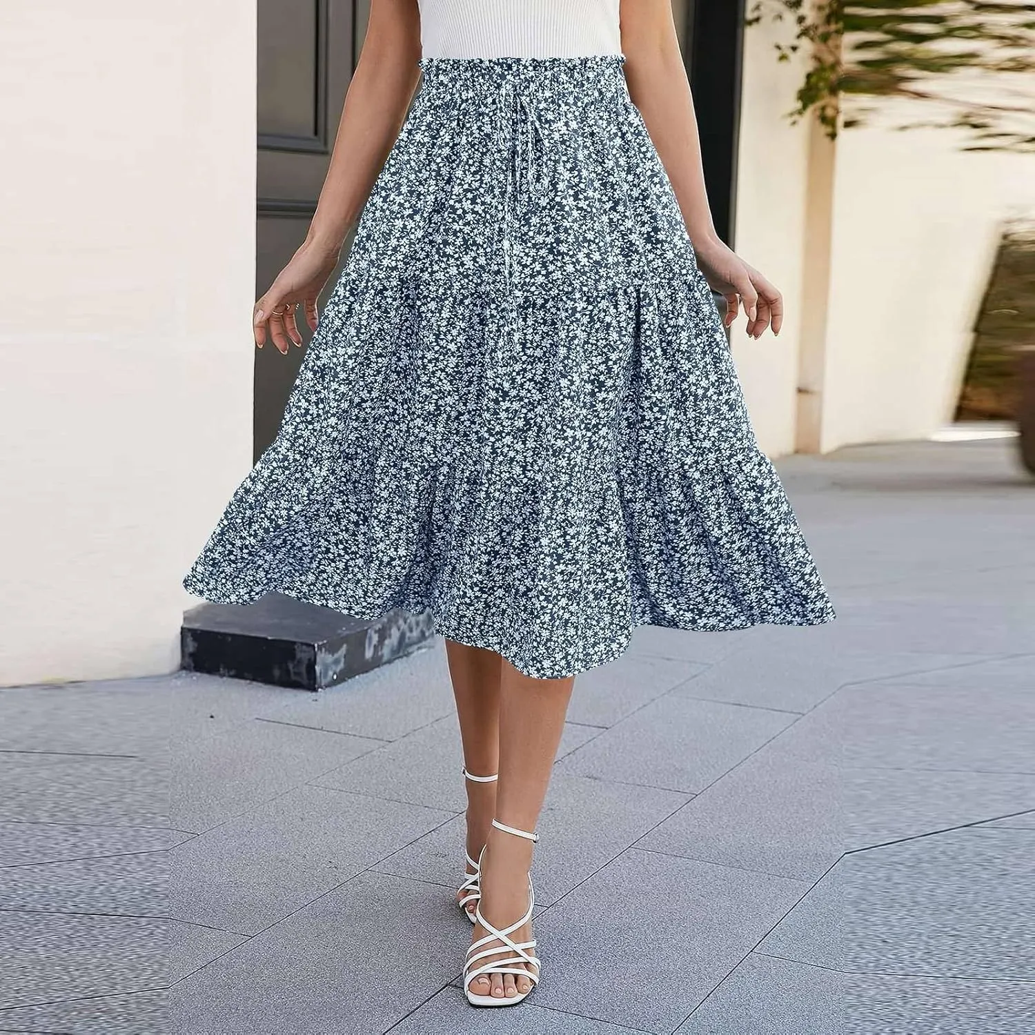 Skirts for Women Midi Length Floral Tiered Skirt Drawstring Summer Flowy Flowy Vacation A Line Skirt with Pockets