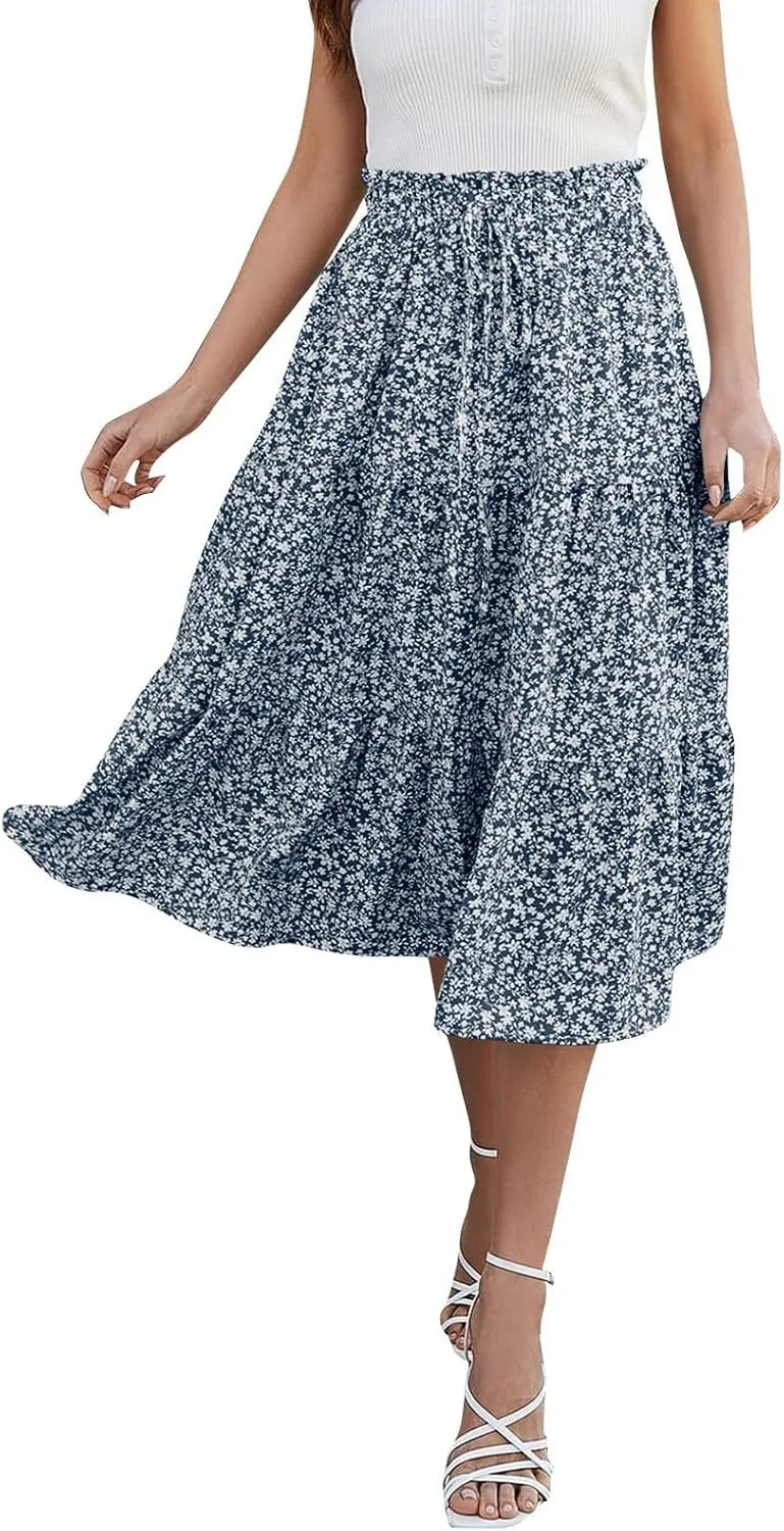 Skirts for Women Midi Length Floral Tiered Skirt Drawstring Summer Flowy Flowy Vacation A Line Skirt with Pockets