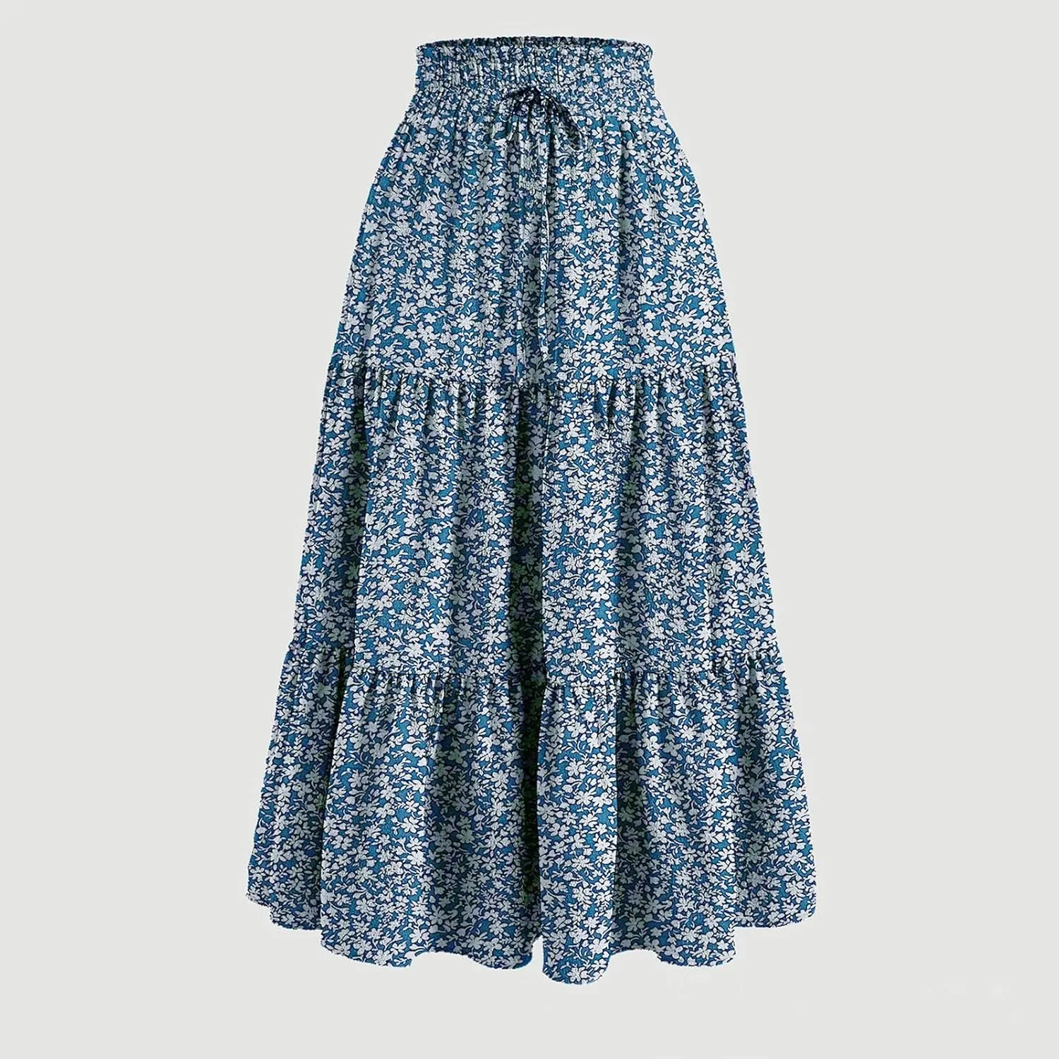 Skirts for Women Midi Length Floral Tiered Skirt Drawstring Summer Flowy Flowy Vacation A Line Skirt with Pockets