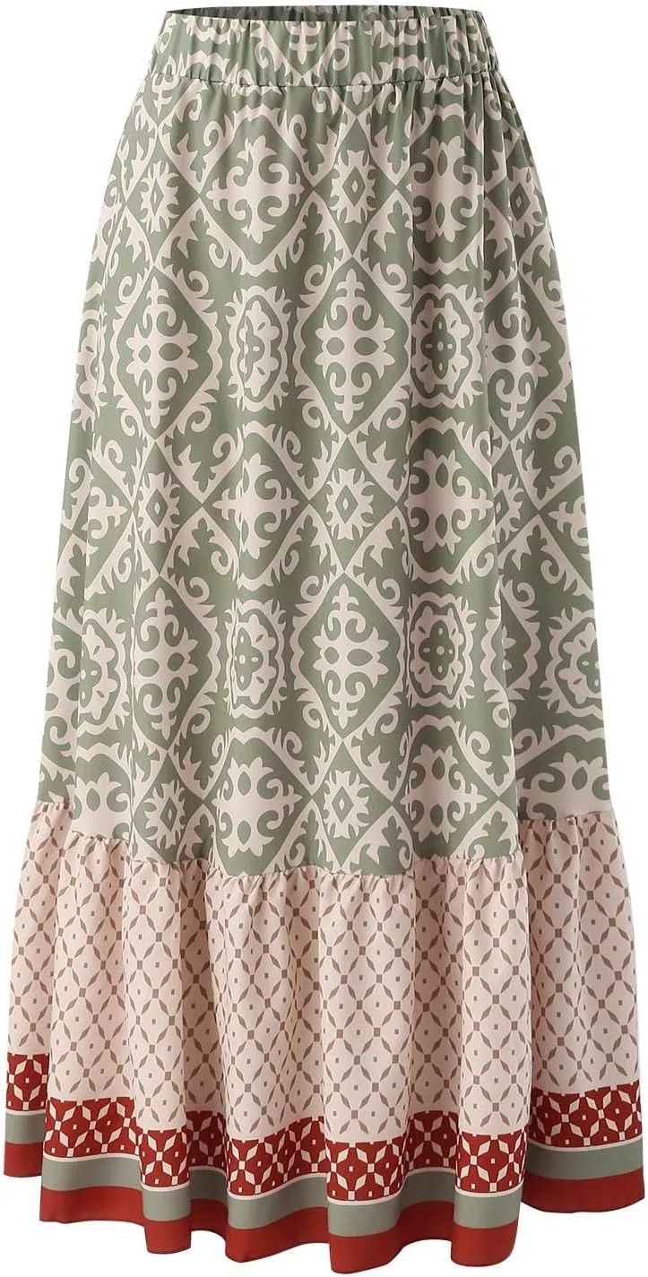 Skirts for Women Trendy Summer Casual High Elastic Waist Ruffle Hem Boha Floral Print A-Line Baggy Maxi Skirts