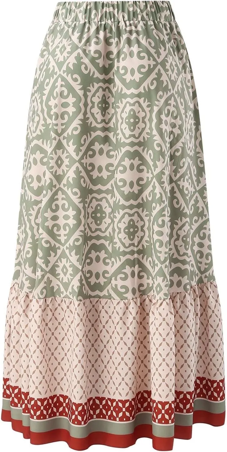 Skirts for Women Trendy Summer Casual High Elastic Waist Ruffle Hem Boha Floral Print A-Line Baggy Maxi Skirts