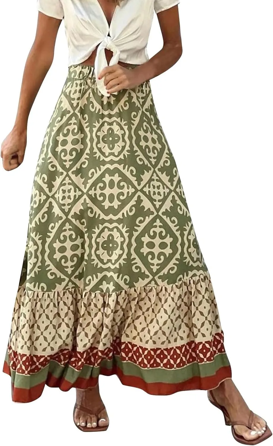 Skirts for Women Trendy Summer Casual High Elastic Waist Ruffle Hem Boha Floral Print A-Line Baggy Maxi Skirts