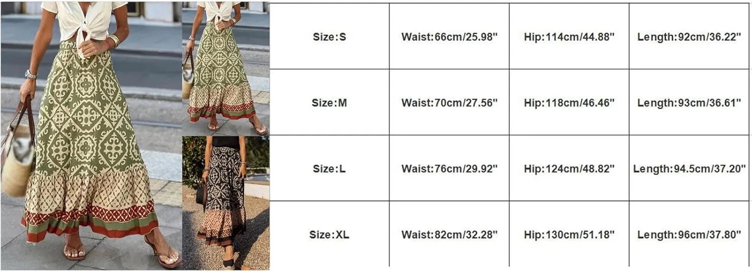 Skirts for Women Trendy Summer Casual High Elastic Waist Ruffle Hem Boha Floral Print A-Line Baggy Maxi Skirts