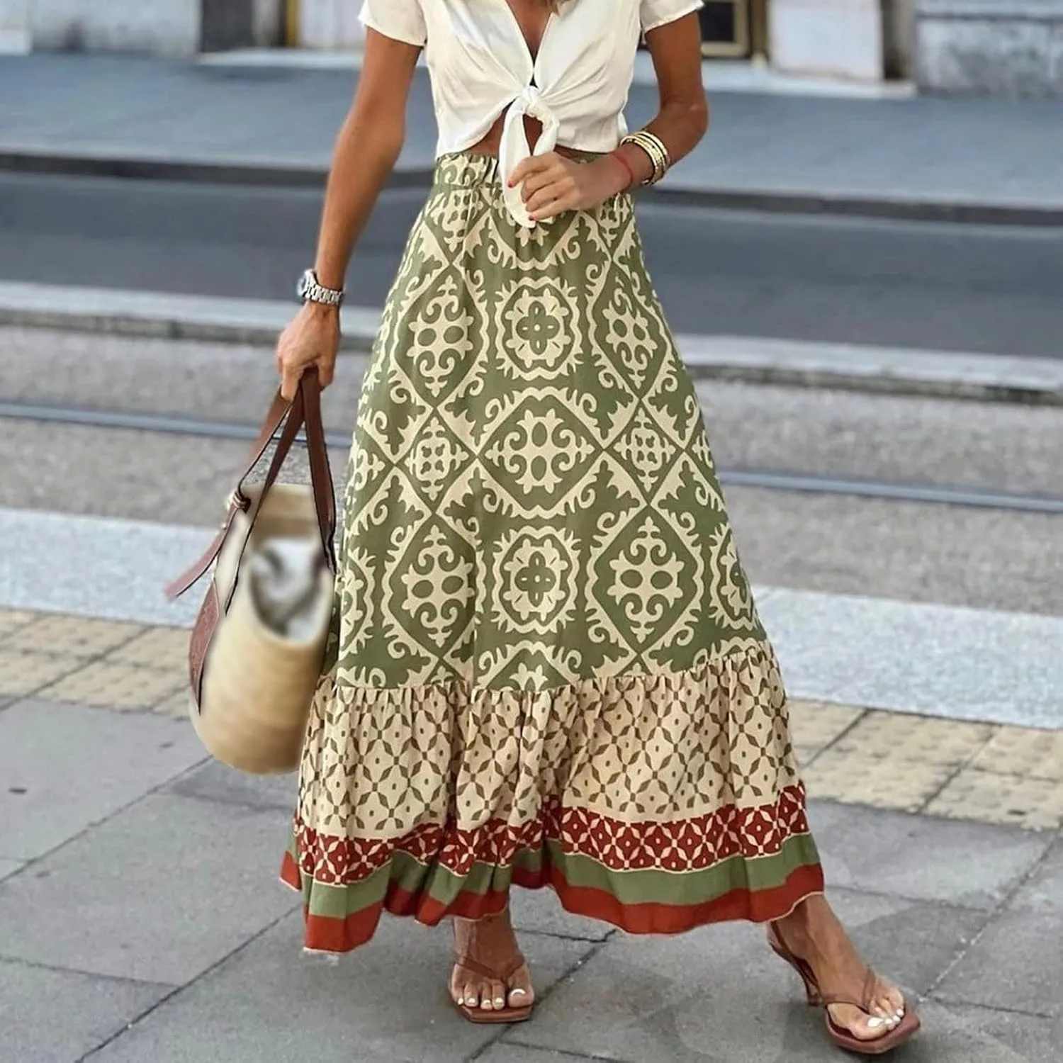 Skirts for Women Trendy Summer Casual High Elastic Waist Ruffle Hem Boha Floral Print A-Line Baggy Maxi Skirts