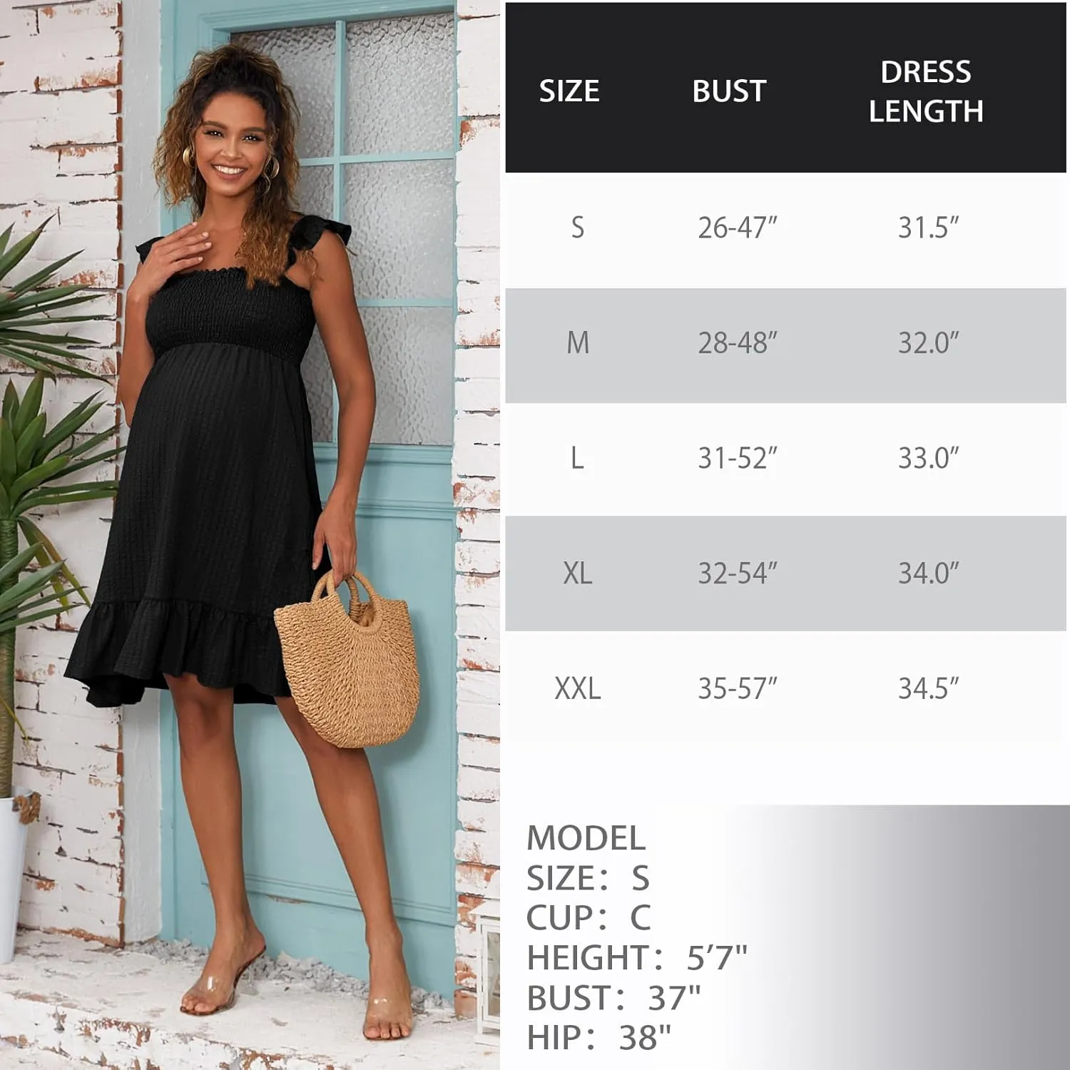 Sleeveless Maternity Dress Ruffled Shoulder Strappy Loose Smocked Pregnant Dress Summer