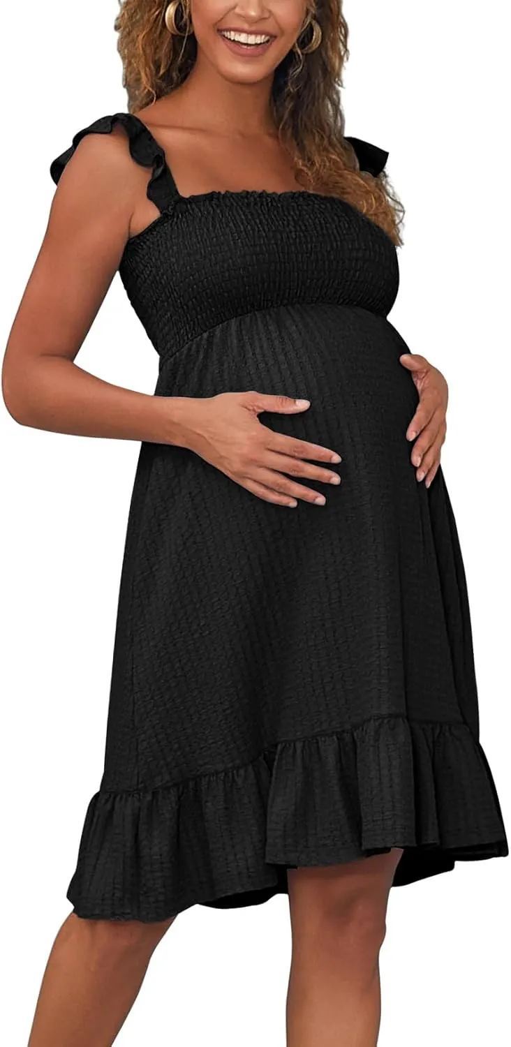 Sleeveless Maternity Dress Ruffled Shoulder Strappy Loose Smocked Pregnant Dress Summer