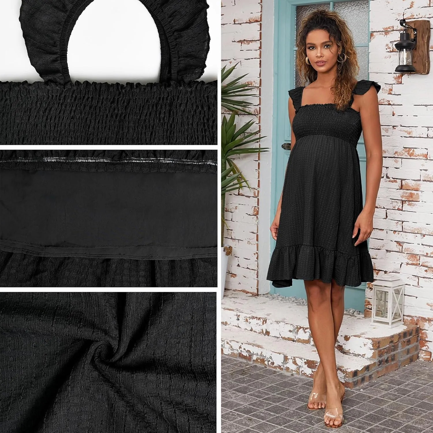 Sleeveless Maternity Dress Ruffled Shoulder Strappy Loose Smocked Pregnant Dress Summer
