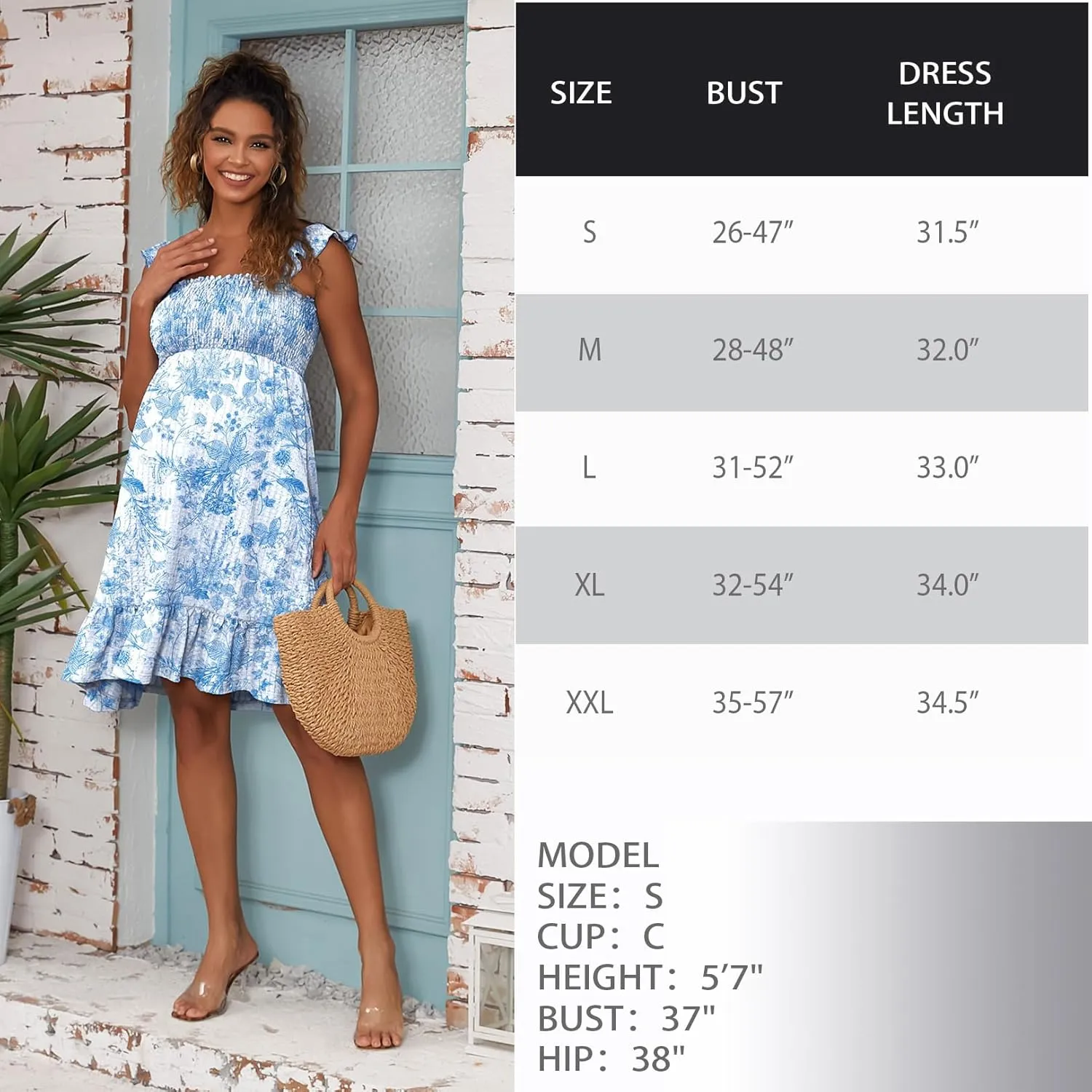 Sleeveless Maternity Dress Ruffled Shoulder Strappy Loose Smocked Pregnant Dress Summer