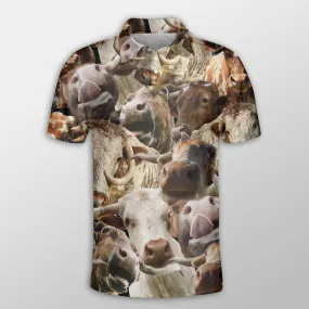 Texas Longhorn Herd Pattern Button Polo Shirt, Gift for Farmers