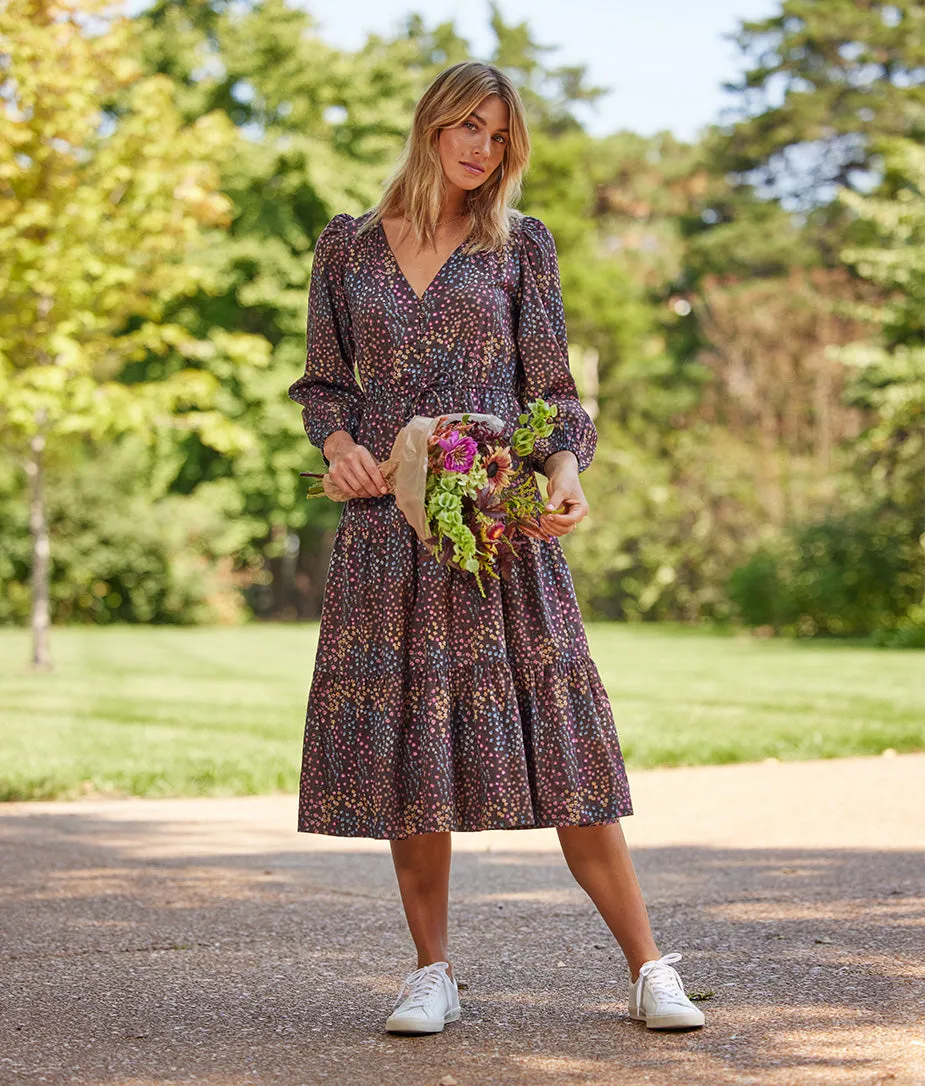 The Countryside Poplin Button Down Midi Dress - Floral Prairie in Chocolate
