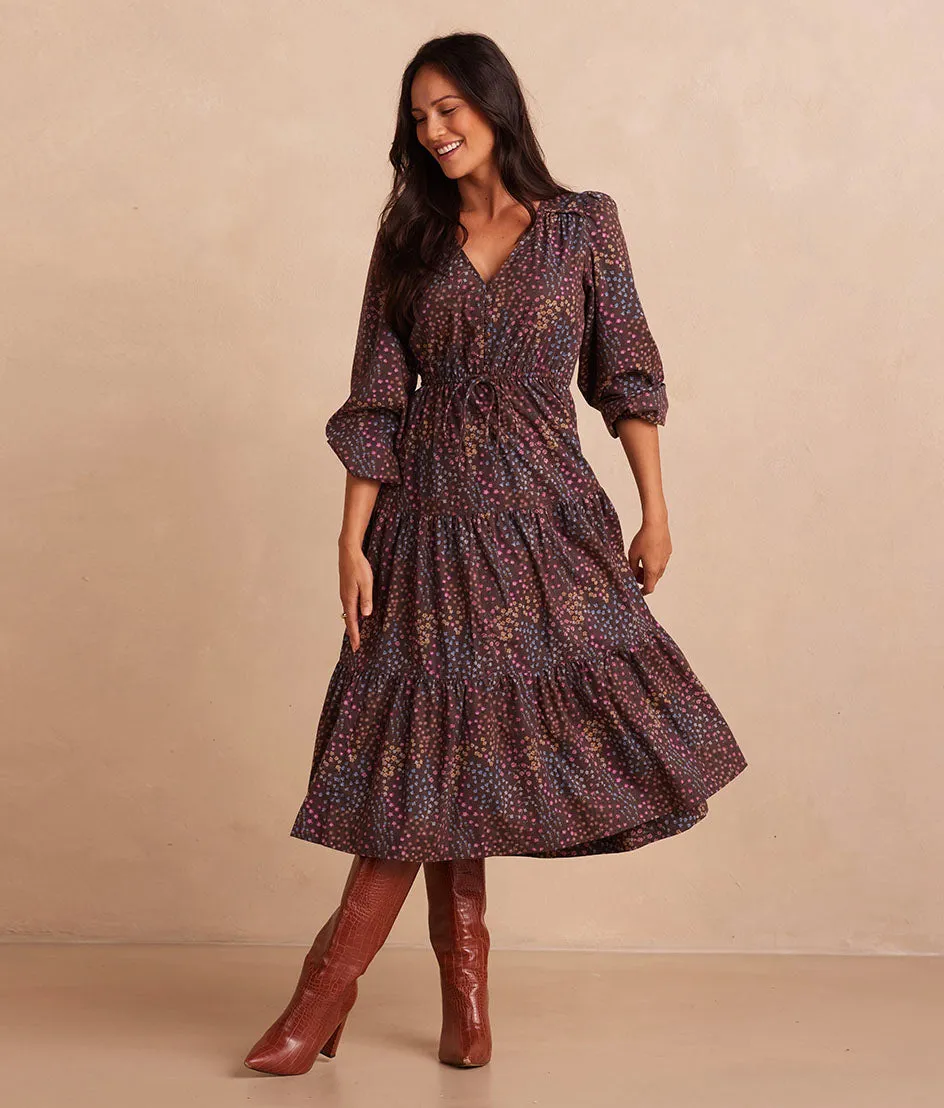 The Countryside Poplin Button Down Midi Dress - Floral Prairie in Chocolate