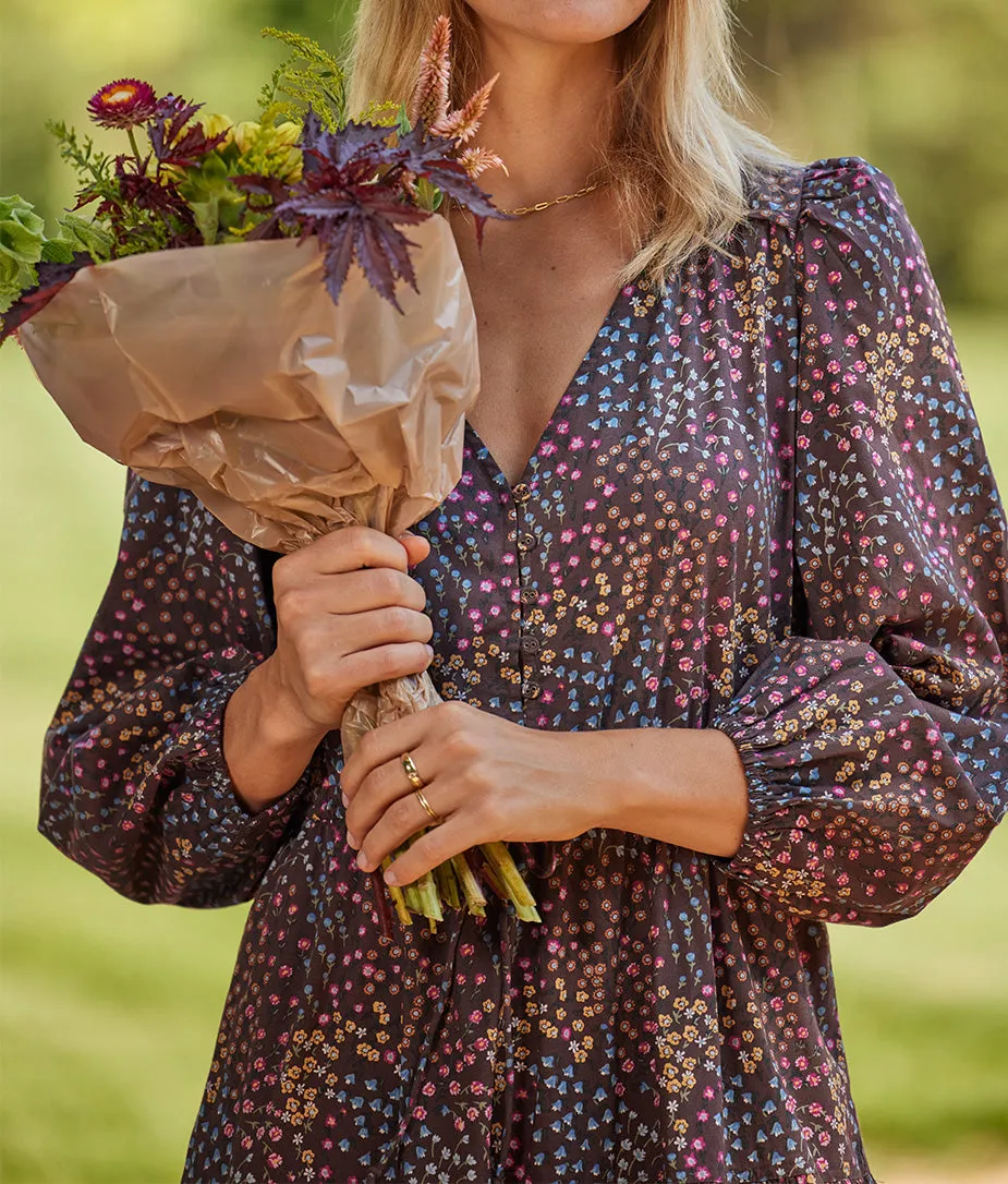The Countryside Poplin Button Down Midi Dress - Floral Prairie in Chocolate
