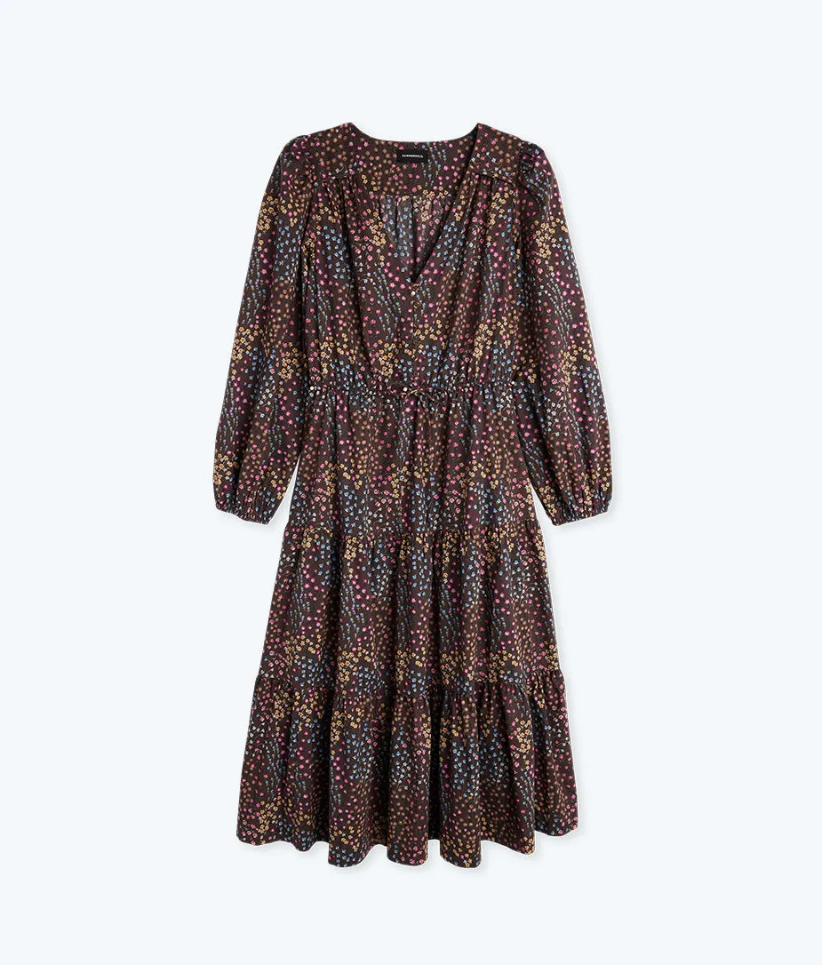 The Countryside Poplin Button Down Midi Dress - Floral Prairie in Chocolate