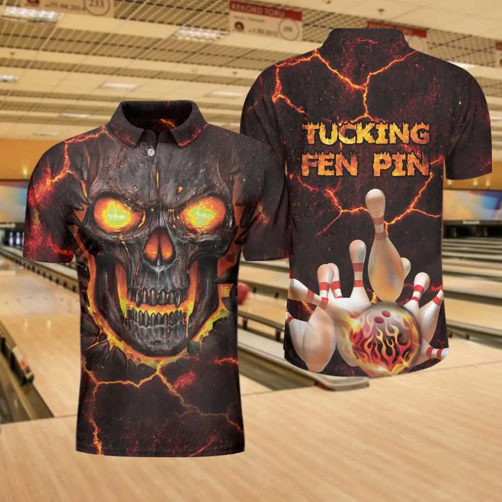 Tucking Fen Pin Polo Shirt, Skull Bowling Polo Shirt Design, Scary Halloween Gift For Bowling Lovers Coolspod