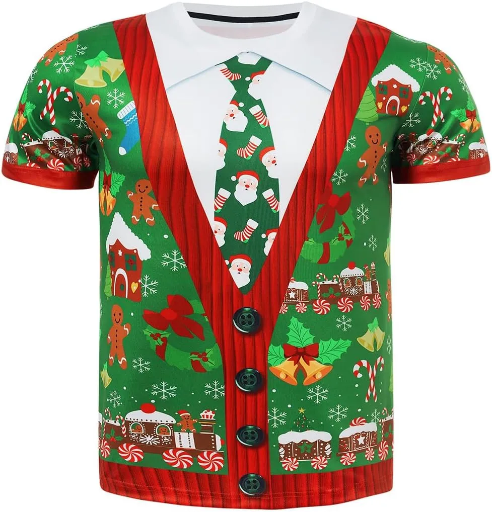 uideazone Men's Ugly Christmas T-Shirts Funny Holiday Short Sleeve Graphic Tees S-XXL