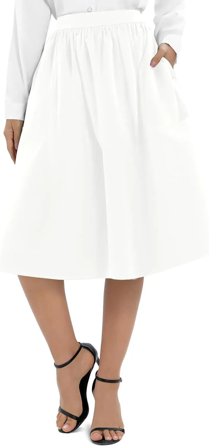 Urban CoCo Women's Casual Elastic Waist Vintage A-Line Pleated Flared Midi Skirt with Pockets