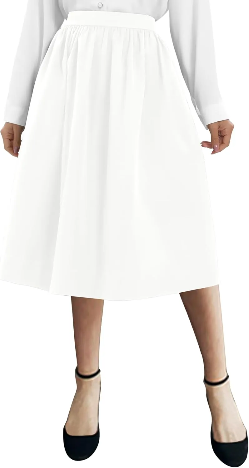 Urban CoCo Women's Casual Elastic Waist Vintage A-Line Pleated Flared Midi Skirt with Pockets