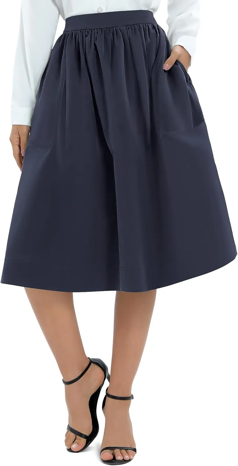Urban CoCo Women's Casual Elastic Waist Vintage A-Line Pleated Flared Midi Skirt with Pockets