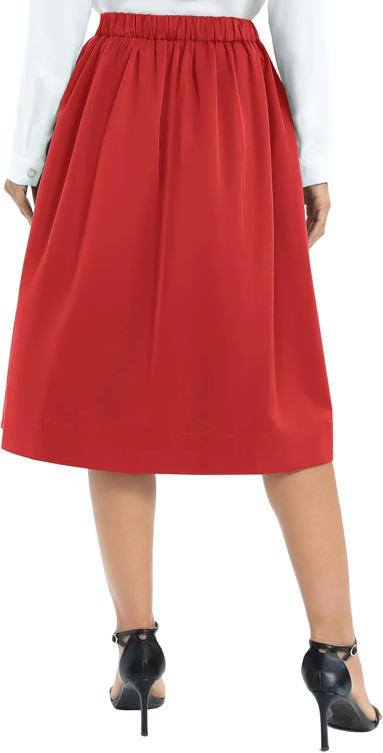 Urban CoCo Women's Casual Elastic Waist Vintage A-Line Pleated Flared Midi Skirt with Pockets