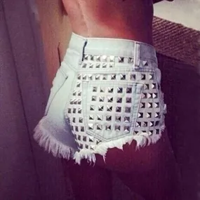 Vintage Ripped Tassel Edge One Sided Rivets Shorts