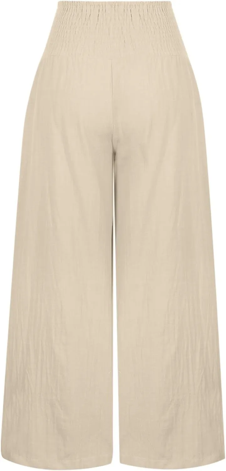 Wide Leg Pants for Women Summer Palazzos Cotton Linen Smocked Beach Vacation Pants High Waisted Elegant Flowy Trousers