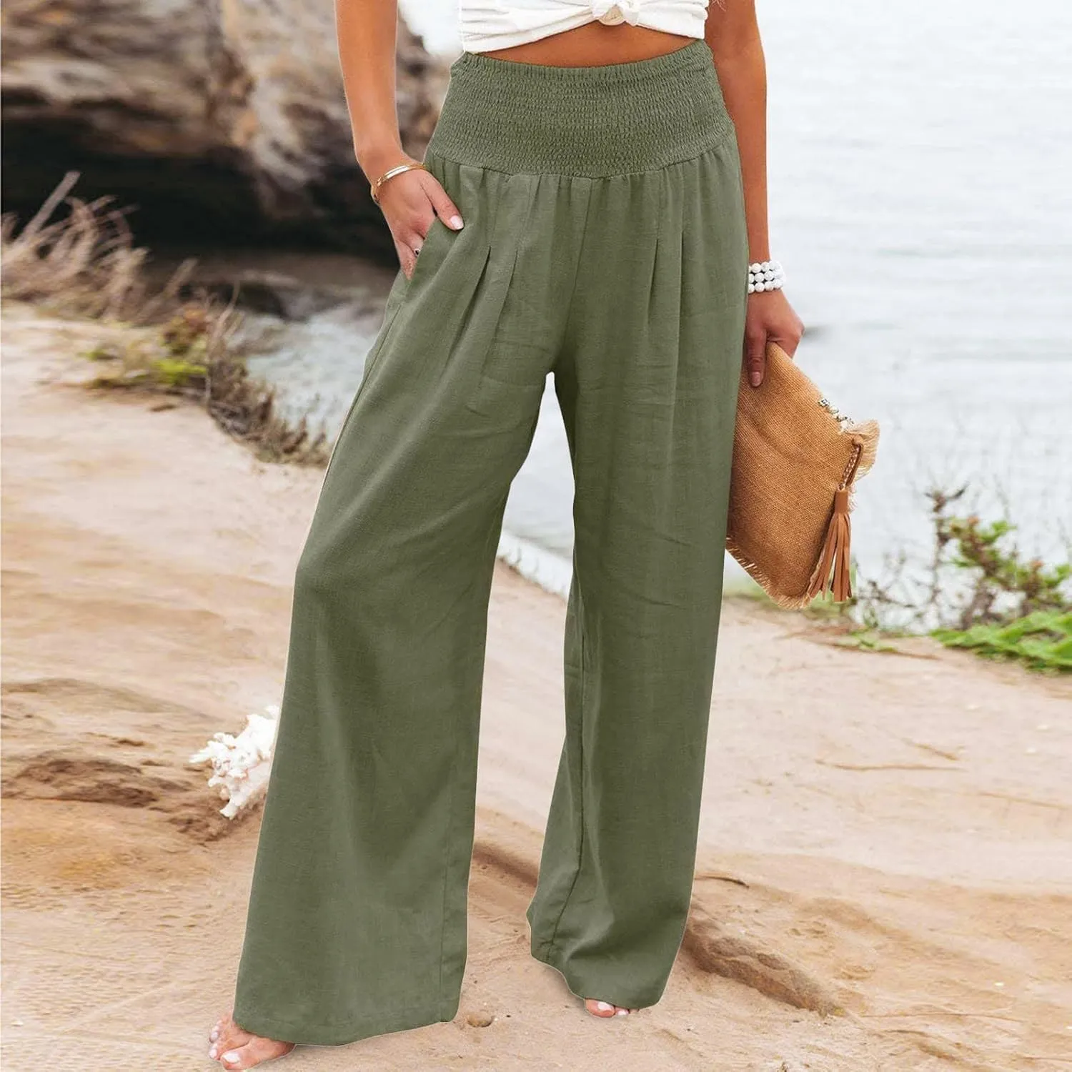 Wide Leg Pants for Women Summer Palazzos Cotton Linen Smocked Beach Vacation Pants High Waisted Elegant Flowy Trousers
