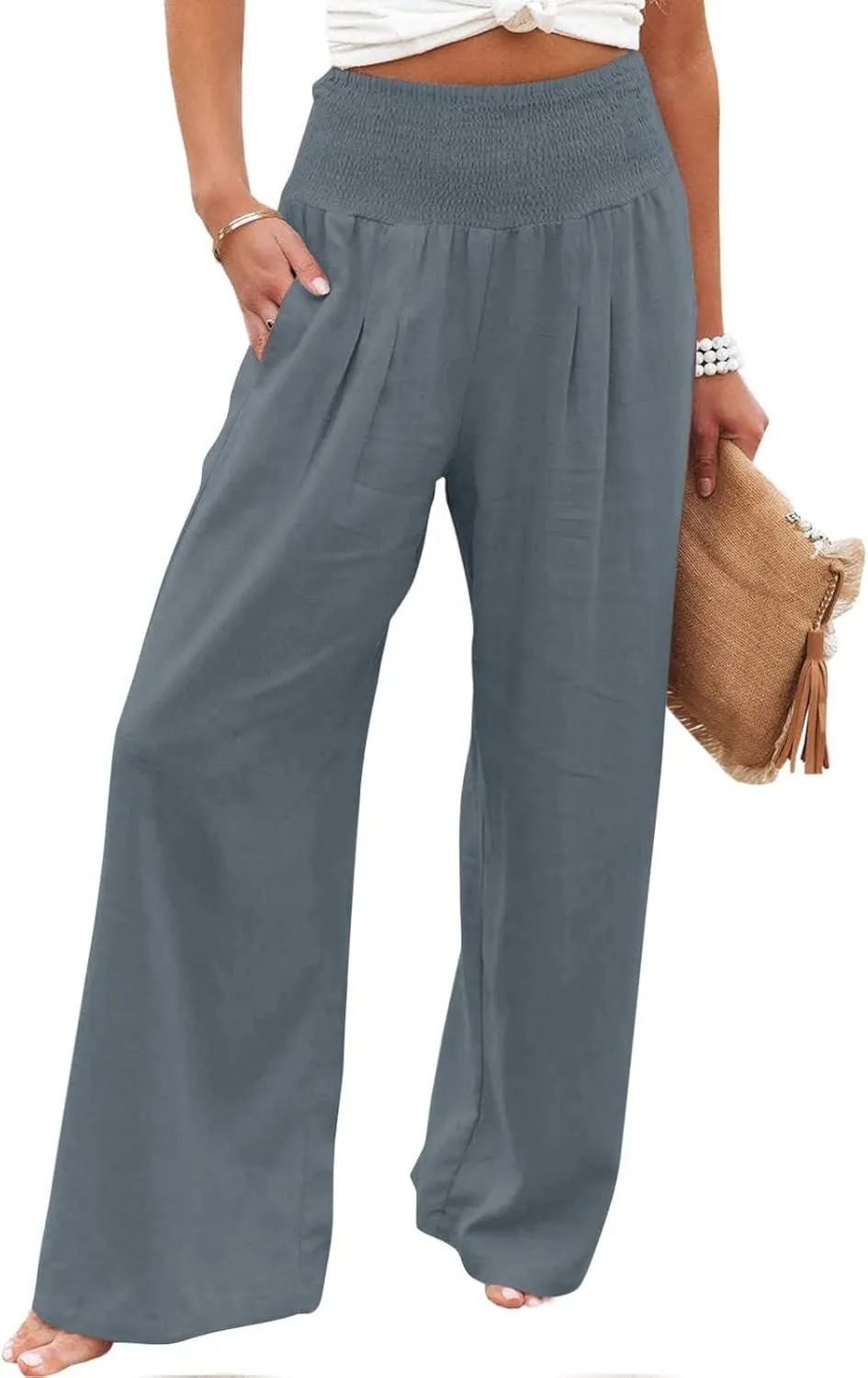 Wide Leg Pants for Women Summer Palazzos Cotton Linen Smocked Beach Vacation Pants High Waisted Elegant Flowy Trousers