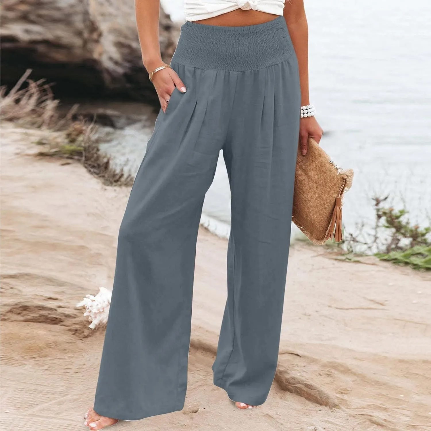 Wide Leg Pants for Women Summer Palazzos Cotton Linen Smocked Beach Vacation Pants High Waisted Elegant Flowy Trousers