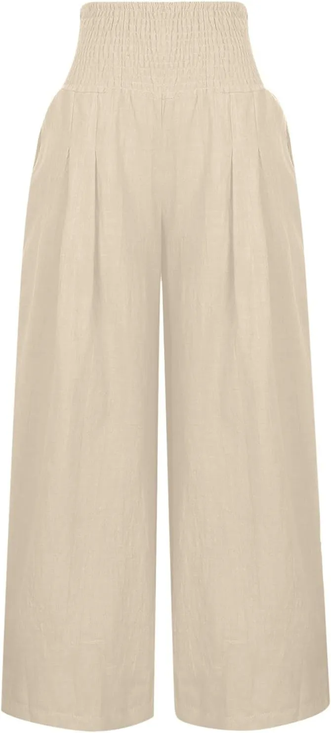 Wide Leg Pants for Women Summer Palazzos Cotton Linen Smocked Beach Vacation Pants High Waisted Elegant Flowy Trousers