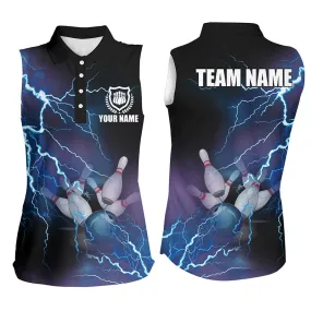 Women Bowling Sleeveless Polo Shirts Custom Blue Lightning Thunder Bowling Team