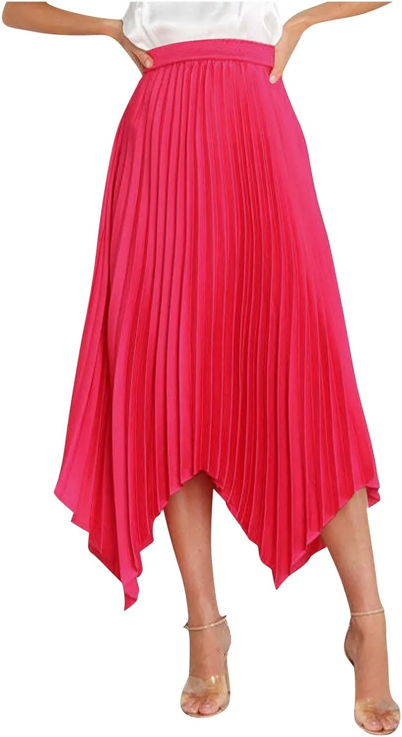 Women Dressy Pleated Skirts Irregular Hem High Waist Midi Skirt Solid Elegant Business Casual Half Dress 2025 New