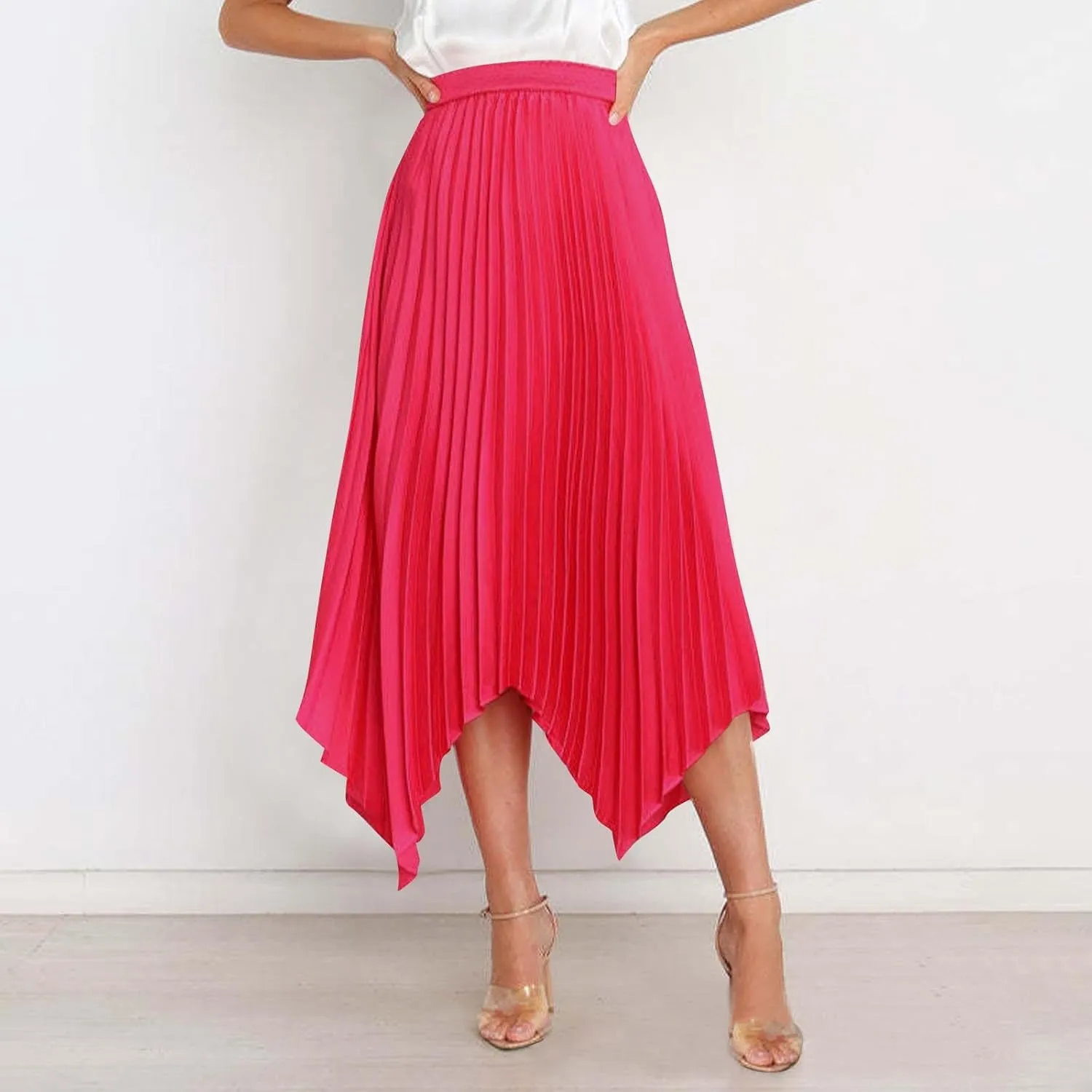 Women Dressy Pleated Skirts Irregular Hem High Waist Midi Skirt Solid Elegant Business Casual Half Dress 2025 New