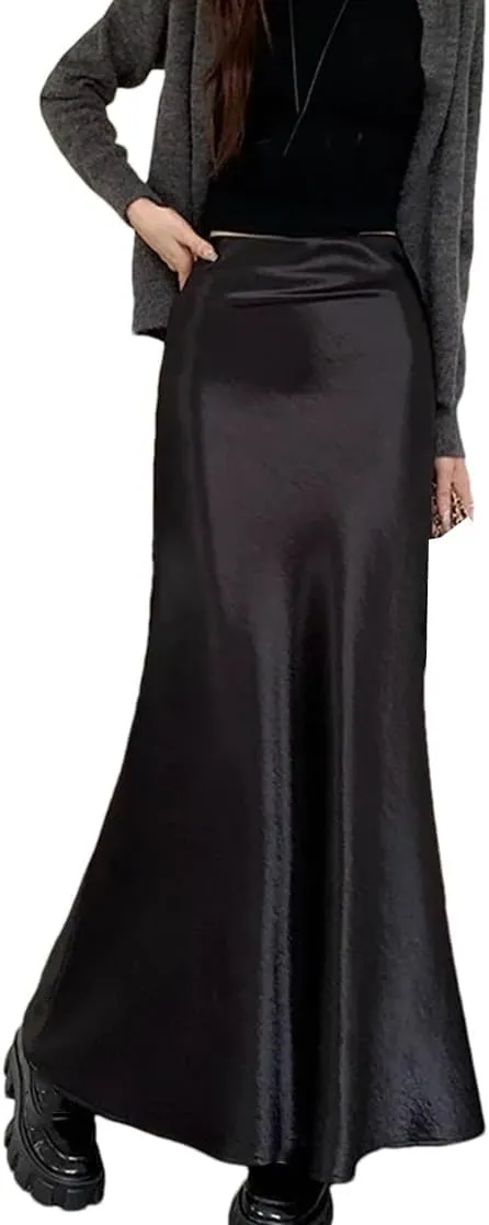 Women High Waisted Satin Skirt Elegant French Slim Fit Long Skirt