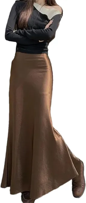 Women High Waisted Satin Skirt Elegant French Slim Fit Long Skirt