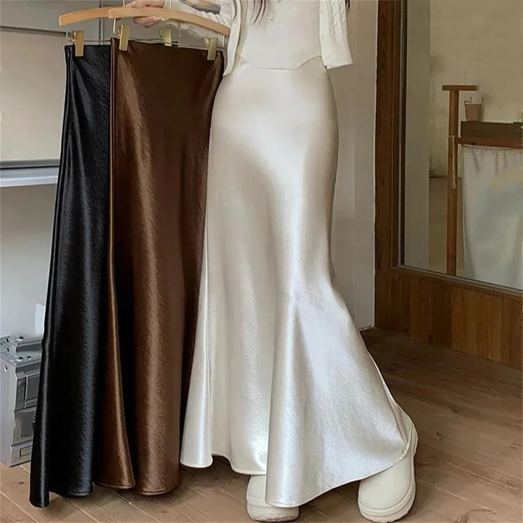 Women High Waisted Satin Skirt Elegant French Slim Fit Long Skirt