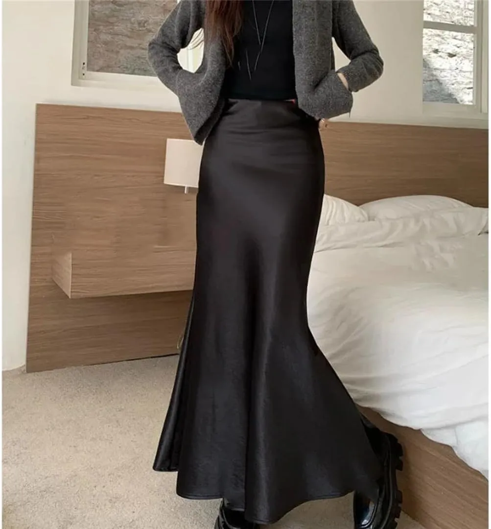 Women High Waisted Satin Skirt Elegant French Slim Fit Long Skirt