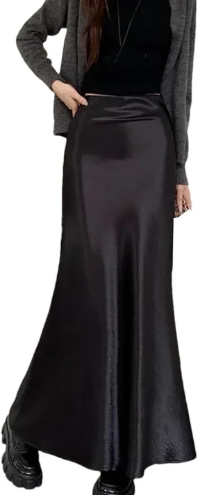 Women High Waisted Satin Skirt Elegant French Slim Fit Long Skirt