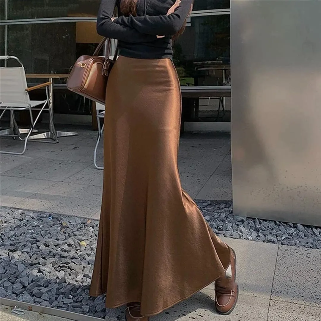 Women High Waisted Satin Skirt Elegant French Slim Fit Long Skirt