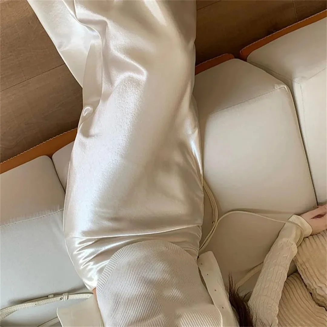 Women High Waisted Satin Skirt Elegant French Slim Fit Long Skirt
