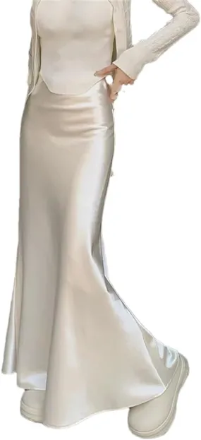 Women High Waisted Satin Skirt Elegant French Slim Fit Long Skirt