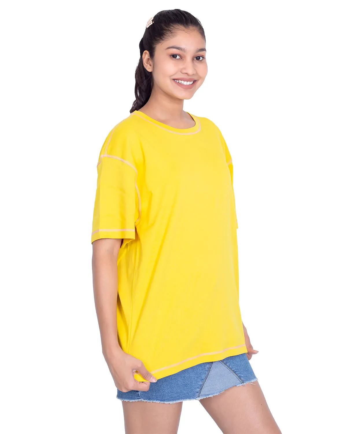 Women Mustard Round Neck Oversized T-Shirt