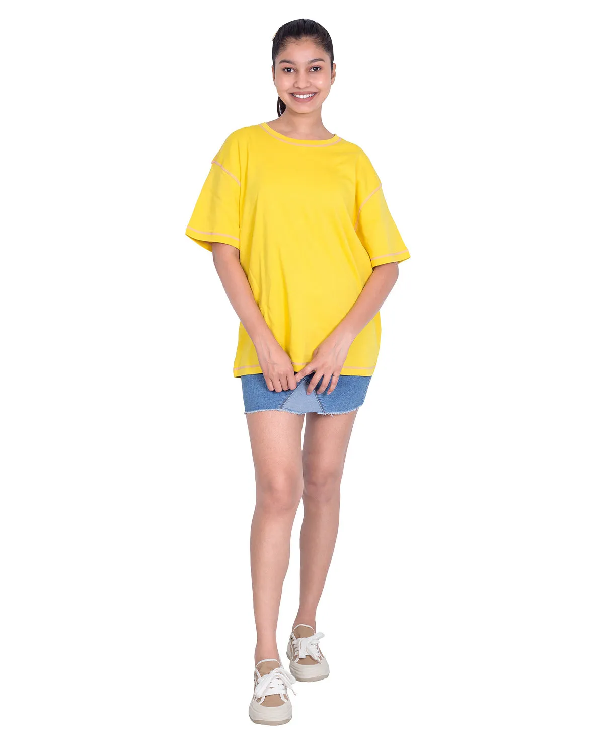 Women Mustard Round Neck Oversized T-Shirt