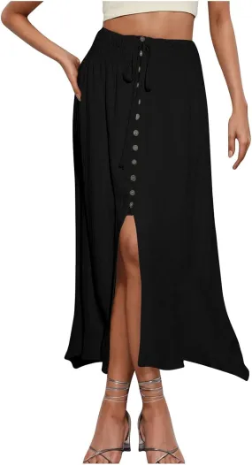 Women Slit Split High Waist Pleated Long Skirt Button Down Elastic Waist Flowy Swing Midi Skirts 2025