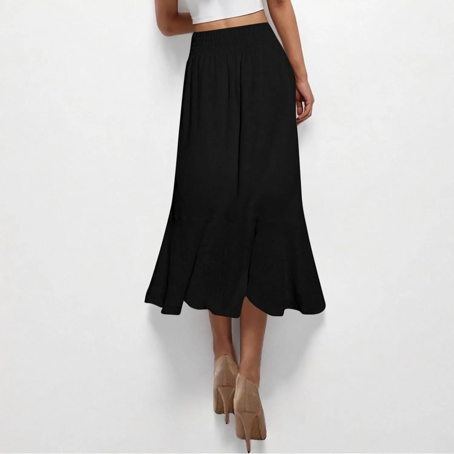 Women Slit Split High Waist Pleated Long Skirt Button Down Elastic Waist Flowy Swing Midi Skirts 2025