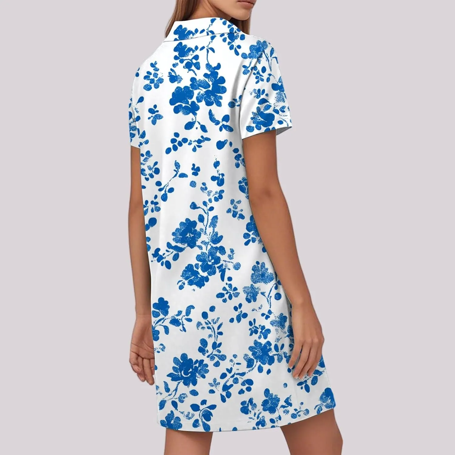 Womens Beach Vacation Dress Summer Chic Vivid Boho Floral Short Sleeve Collared V Neck Hawaiian T Shirt Sundresses