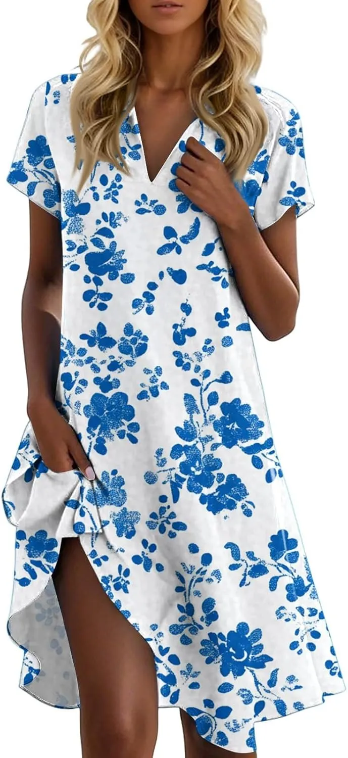 Womens Beach Vacation Dress Summer Chic Vivid Boho Floral Short Sleeve Collared V Neck Hawaiian T Shirt Sundresses